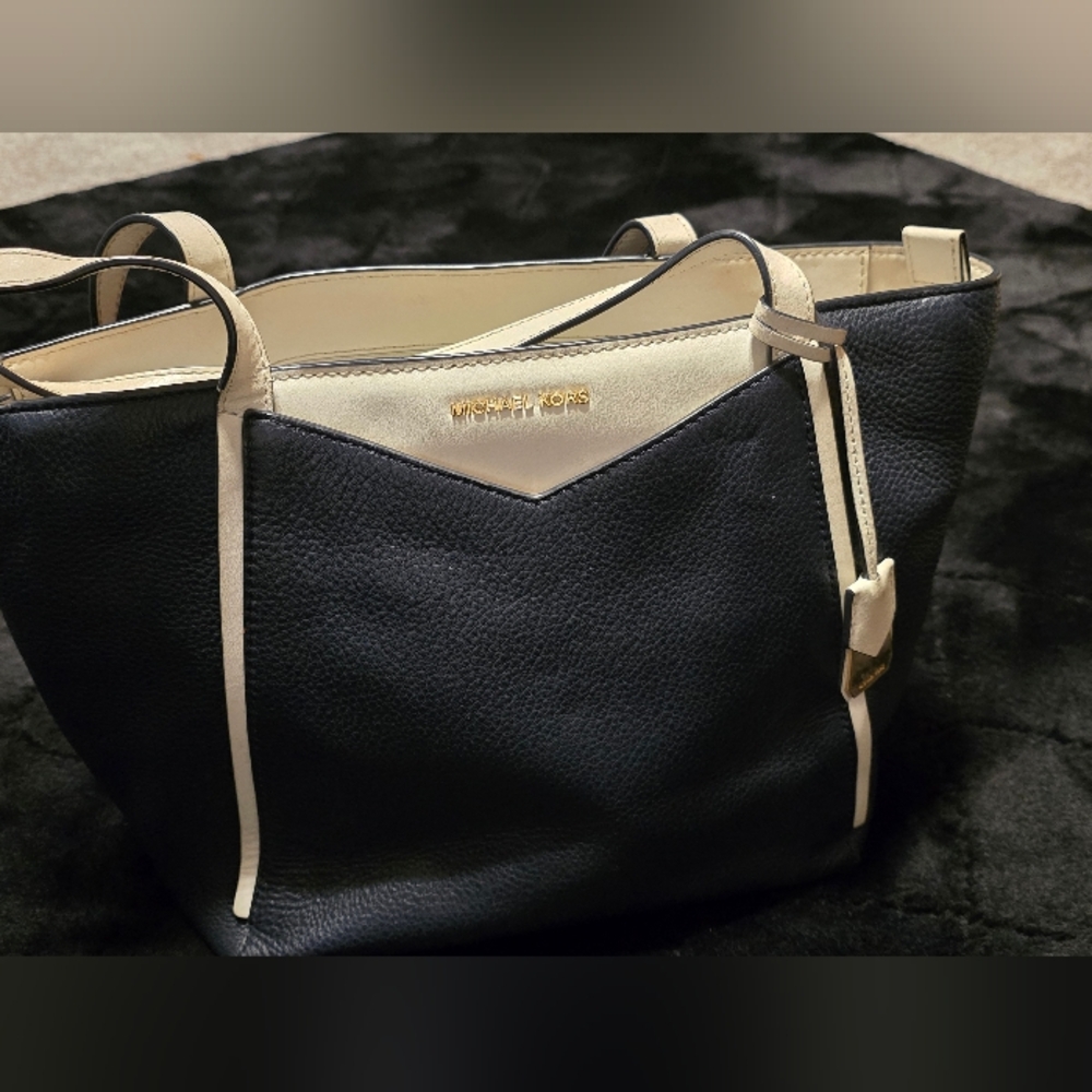 Michael Kors Navy and Cream Pebbled Leather Tote with Gold Logo